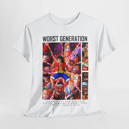 Exceptional 'Worst Generation' T-shirt draped elegantly to highlight bold graphics of iconic anime characters, perfect for a luxurious casual look.