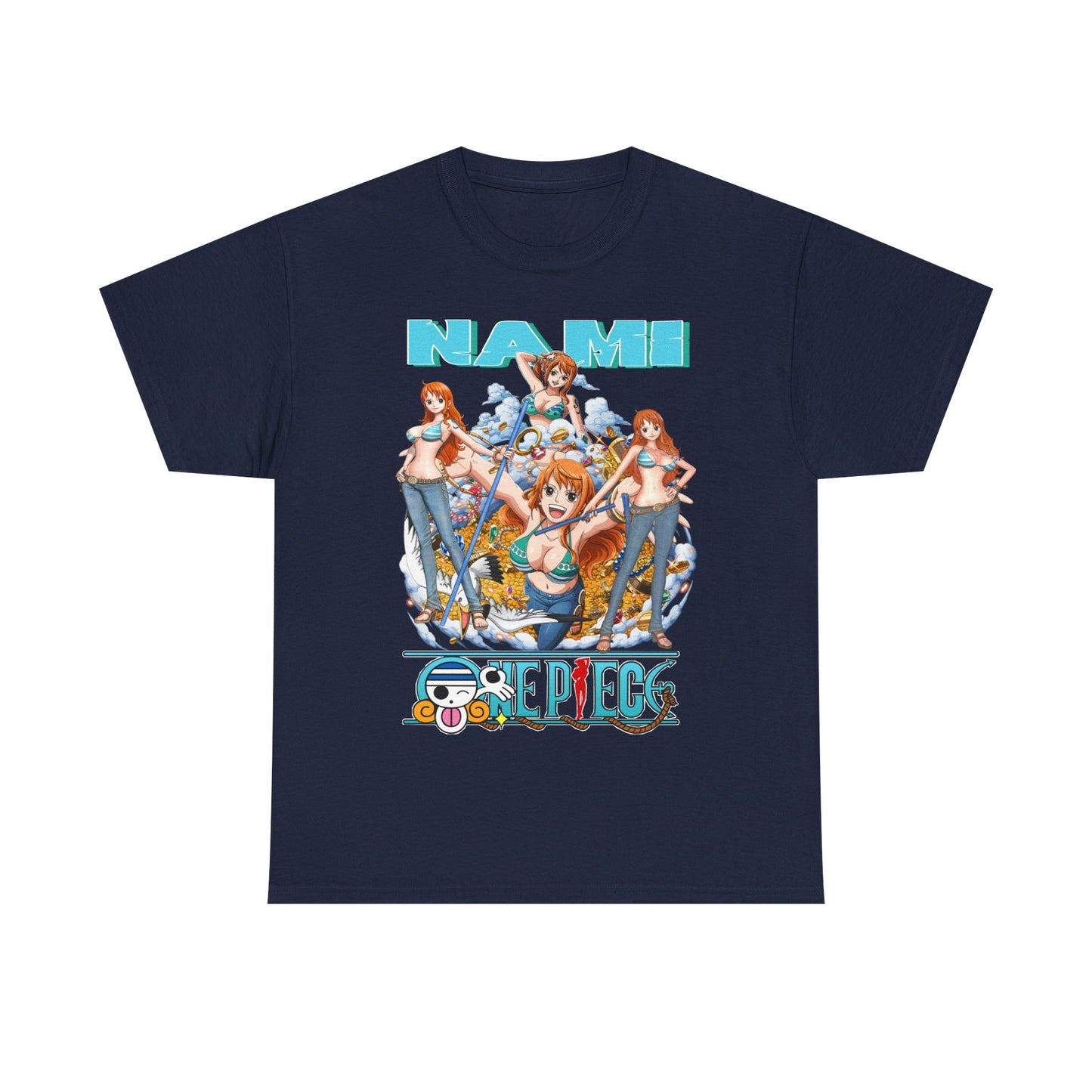 Luxury Nami anime t-shirt showcasing vibrant artwork featuring Nami with dynamic poses amidst treasure, perfect for anime enthusiasts.