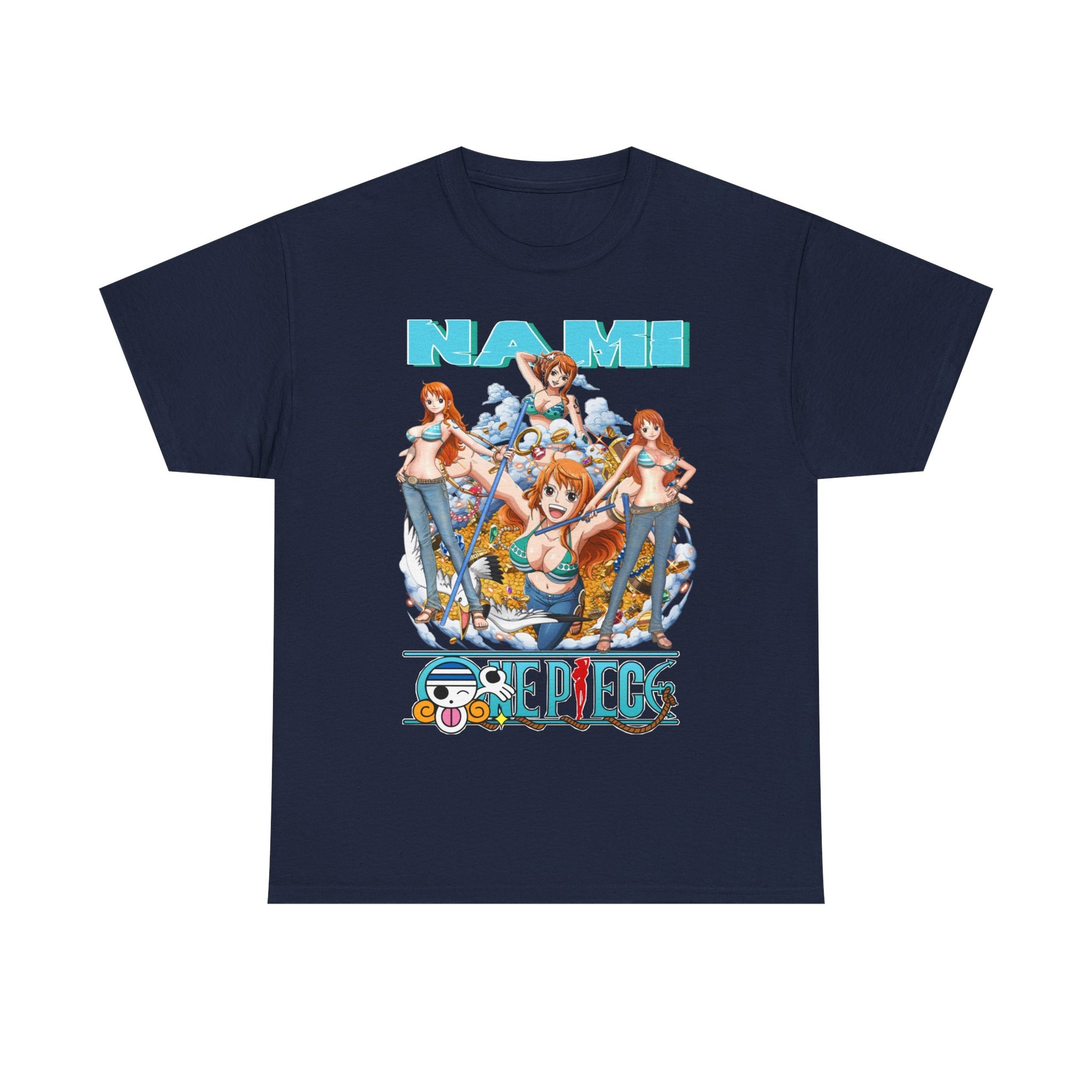 Luxury Nami anime t-shirt showcasing vibrant artwork featuring Nami with dynamic poses amidst treasure, perfect for anime enthusiasts.