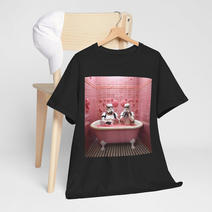 Sophisticated black t-shirt with a quirky print of Stormtroopers enjoying a bubble bath in a pink setting, suitable for a fashion-forward wardrobe.