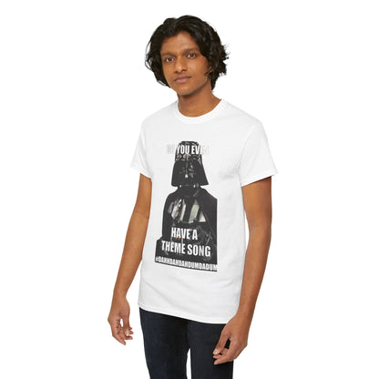 Another model showcasing the elegant Darth Vader Star Wars Unisex Mens Graphic Cotton Funny T-Shirt Tee Vintage, featuring the humorous quote 'Do You Even Have a Theme Song?' with a chic visual.