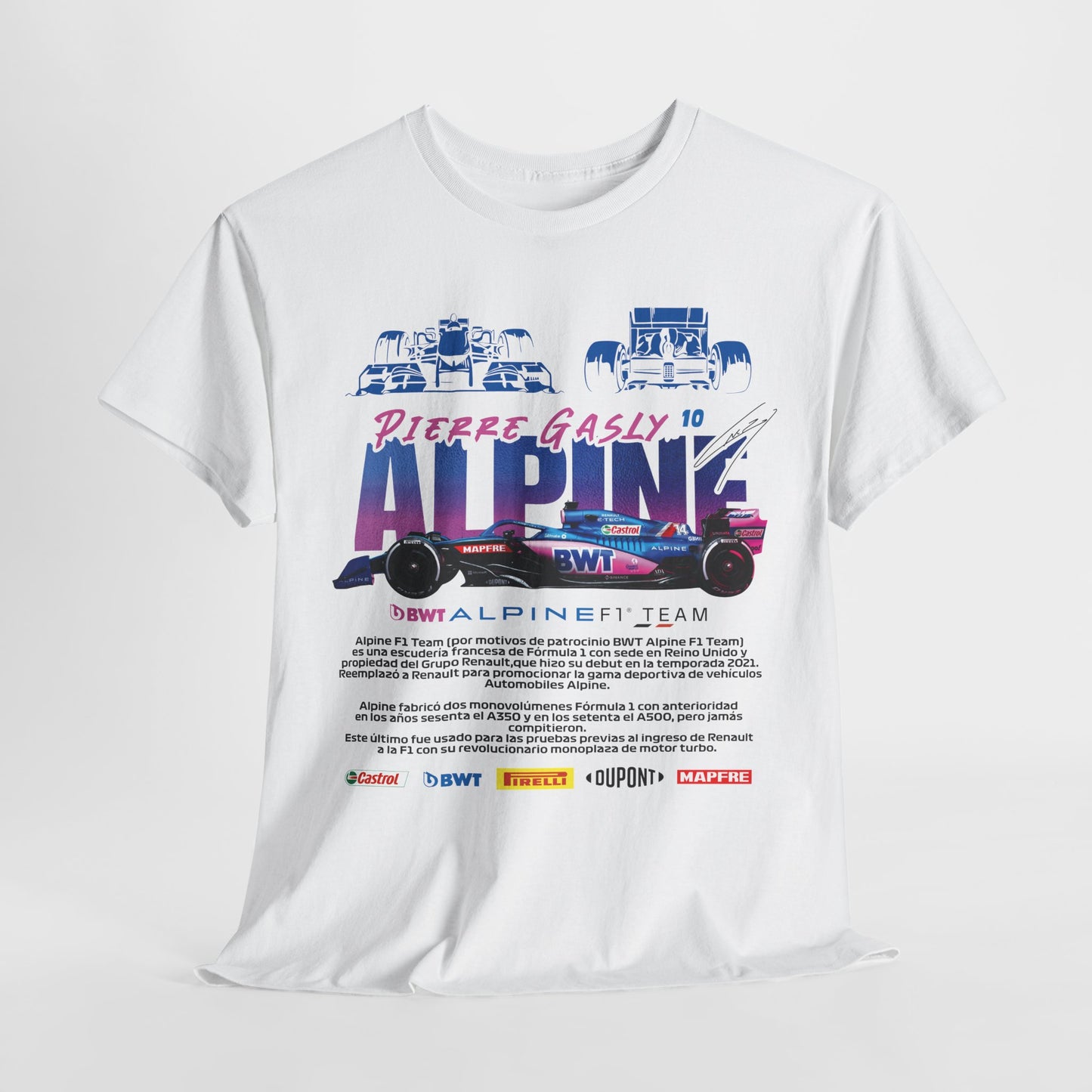 Stylishly displayed Alpine F1 Team Men’s T-Shirt, capturing the essence of motorsport with its bold graphics and luxury branding.