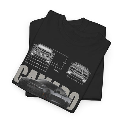 Premium T-Shirt with Chevy Camaro ZL1 graphic design, elegantly folded to highlight intricate sketches and the motto 'Perfection is never the start.'