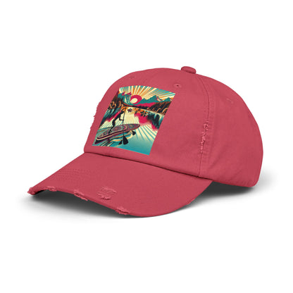 Unisex Distressed Paddleboarders Cap featuring a vivid fantasy design of paddleboarding against a sunlit backdrop, perfect for adventurous spirits.