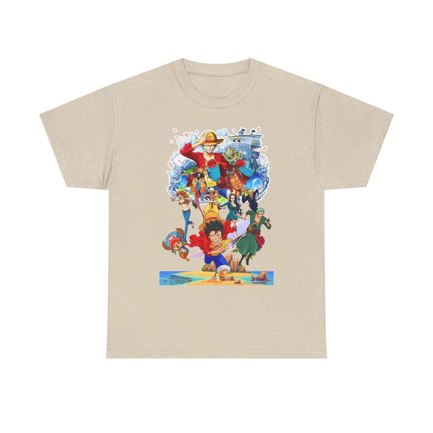 Chic beige men's t-shirt featuring captivating anime imagery of iconic characters in a dynamic pose, ideal for stylish anime enthusiasts.