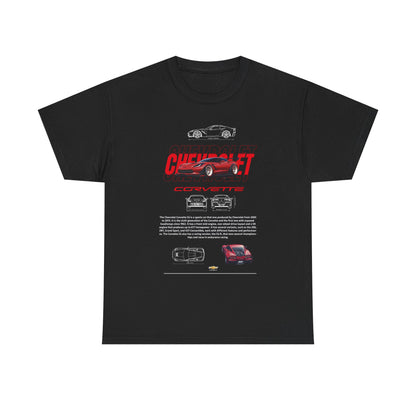 Elegant black men's T-shirt adorned with a striking Chevrolet Corvette C6 graphic and detailed technical illustrations, embodying the spirit of automotive excellence and style.