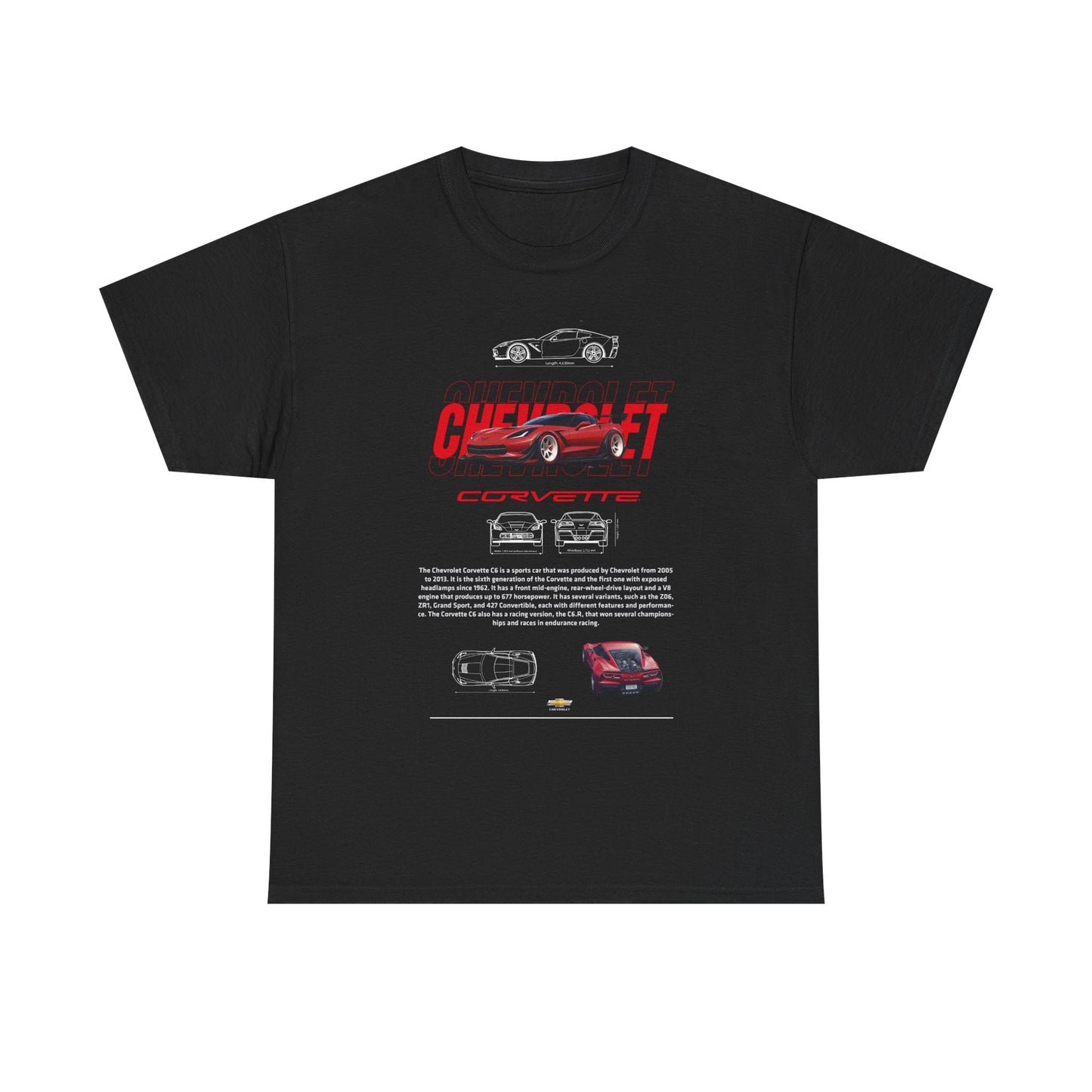 Luxurious black Chevrolet Corvette C6 T-shirt featuring bold graphics and intricate designs, showcasing the iconic American sports car.