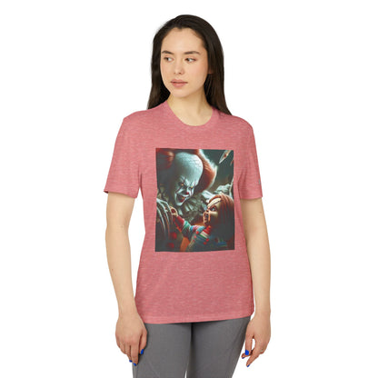 Adidas Unisex Halloween Pennywise and Chucky Cute T-shirt in heathered pink, displaying a vibrant design of Pennywise and Chucky for a stylish Halloween vibe.
