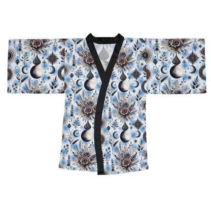Floral Kimono Robe - Women's Robe, featuring a stunning floral design with celestial motifs, perfect for designer lounge wear and boho chic style.