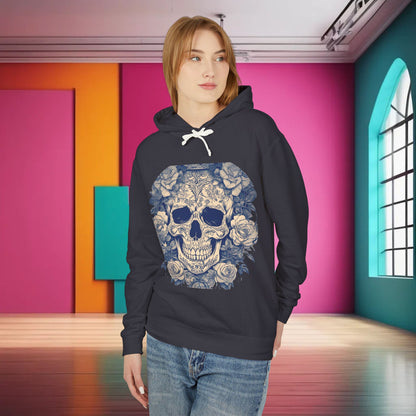 Unisex Lightweight Hooded Sweatshirt showcasing a distinctive skull and roses design, modelled in a chic environment with bold background hues.