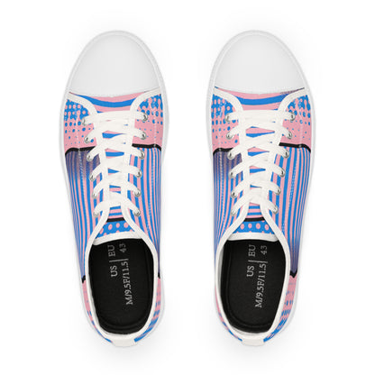 Side view of Zara Boltstrike luxury sneakers, vibrant blue and pastel pink pinstripes, from Dazzling Dreams Studio.