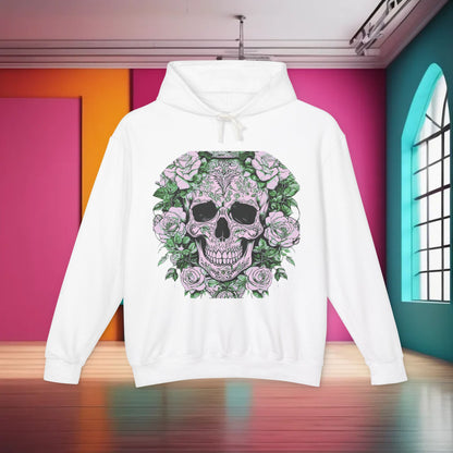 Unisex Lightweight Hooded Sweatshirt featuring a unique designer skull and roses motif, showcased in a stylish white background, offering exceptional comfort and a chic aesthetic.