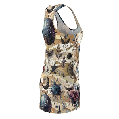 Side view of the Women's Chic Designer Racerback Dress, displaying its refined design with celestial motifs, ideal for vacations and relaxed summer gatherings.