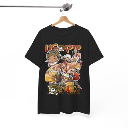 Chic hanging display of an Anime Manga T-shirt showcasing an eye-catching illustration of Usopp and fellow characters, designed for trendsetters.