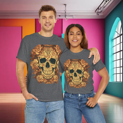 Stylish couple wearing Skulls and Roses Cotton Tee in an artistic colourful setting, showcasing the unisex graphic shirt featuring intricate skulls and roses.
