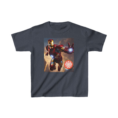 Kids Iron Man Heavy Duty T-Shirt with Hulk Graphic, displaying Iron Man in a dynamic pose, perfect for young fans of luxury superhero wear.