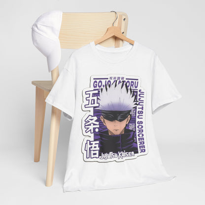 Luxury Gojo Satoru T-shirt artistically placed with a matching white cap, embodying chic anime fashion suitable for any casual occasion.
