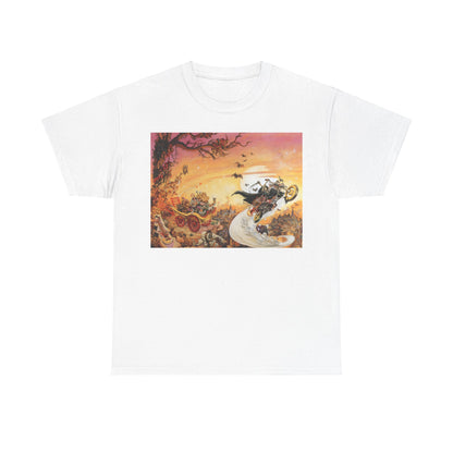 Discworld Soul Music Graphic Unisex T-Shirt in white showcasing a stunning graphic inspired by the whimsical characters and vibrant essence of Terry Pratchett's world.