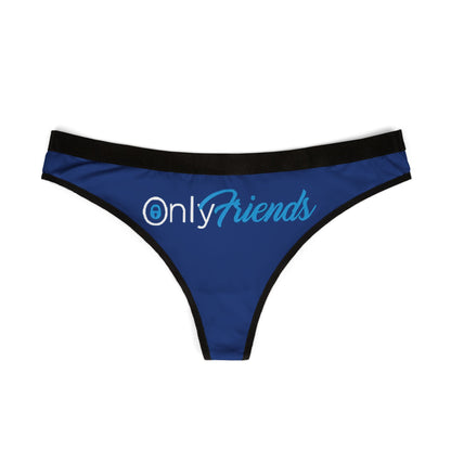 Chic OnlyFriends blue thong panties featuring stylish black trim, elegant script logo, embodying a flirtatious yet comfortable lingerie choice for the contemporary woman.