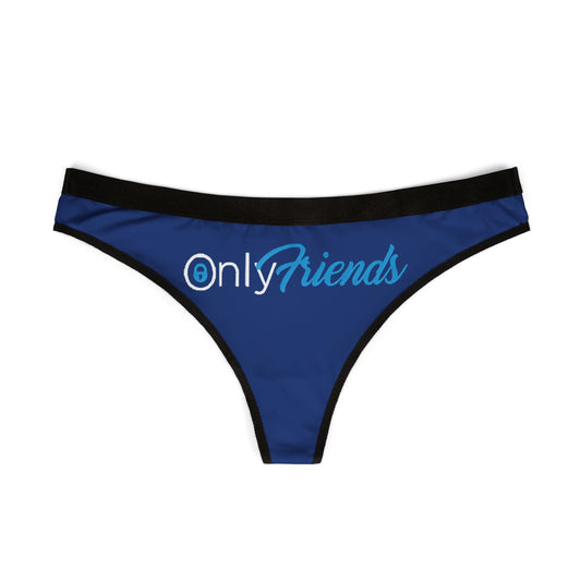 Chic OnlyFriends blue thong panties featuring stylish black trim, elegant script logo, embodying a flirtatious yet comfortable lingerie choice for the contemporary woman.
