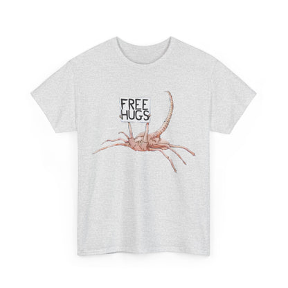 Alien Xenomorph Facehugger graphic tee featuring a whimsical design with the phrase 'Free Hugs!' printed on a relaxed unisex t-shirt.