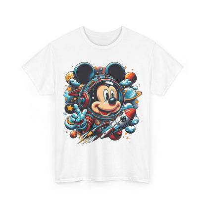 Refined white unisex graphic tee displaying the 'Blast Off with Mickey' design, featuring Mickey Mouse dressed as an astronaut amidst colourful planets and a rocket.