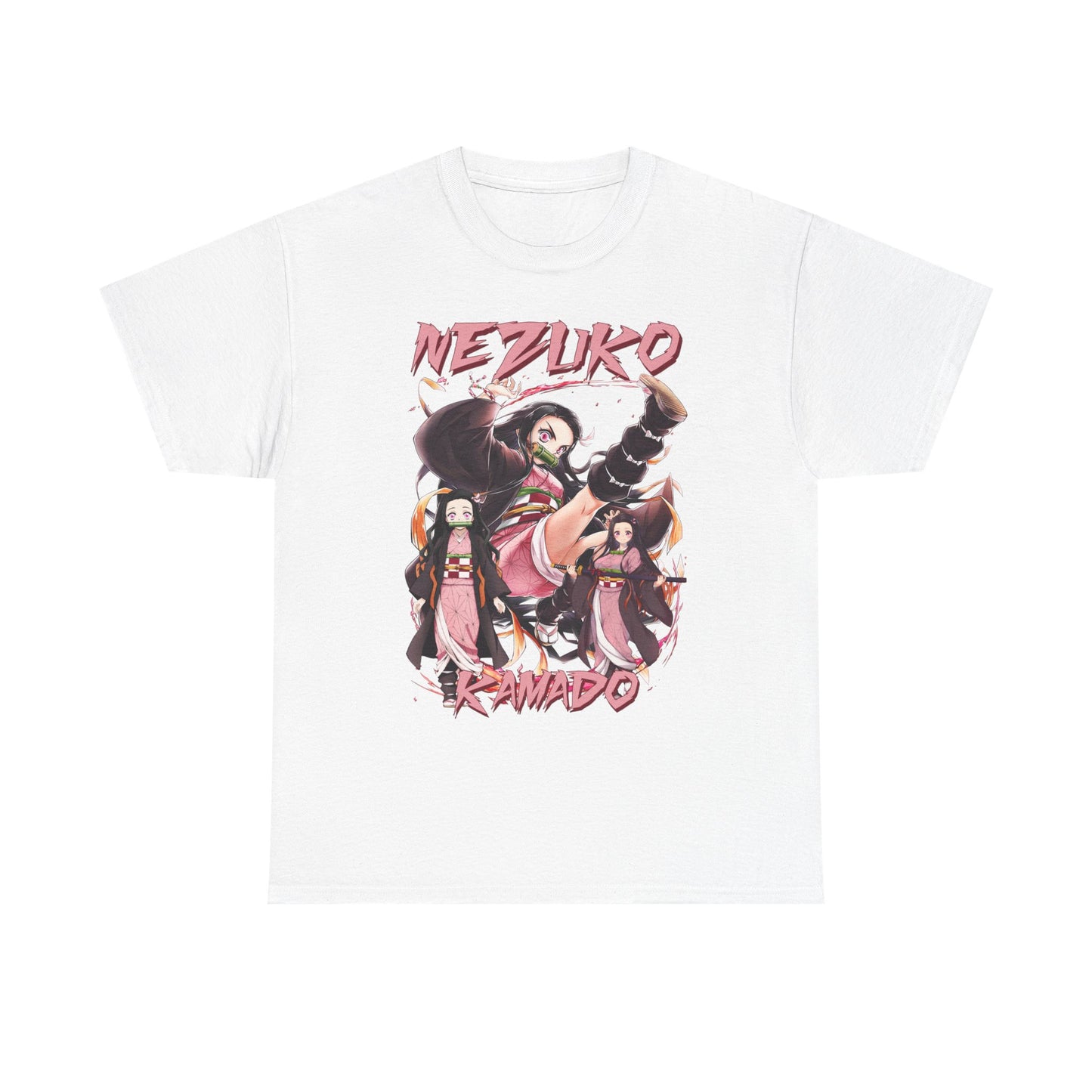 Elegant white Nezuko Kamado T-shirt showcasing a bold anime illustration, highlighting Nezuko in action with exquisite detailing, ideal for anime aficionados.