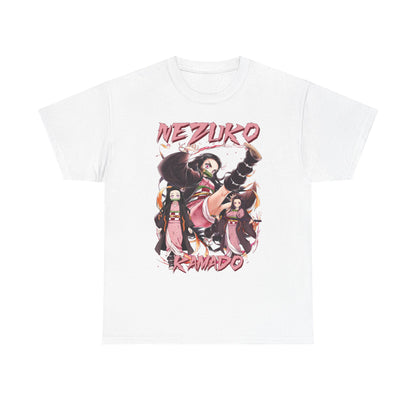 Elegant white Nezuko Kamado T-shirt showcasing a bold anime illustration, highlighting Nezuko in action with exquisite detailing, ideal for anime aficionados.