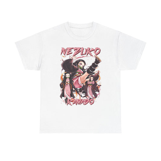 Elegant white Nezuko Kamado T-shirt showcasing a bold anime illustration, highlighting Nezuko in action with exquisite detailing, ideal for anime aficionados.