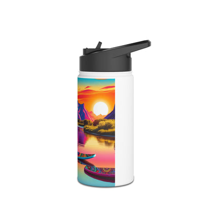Stylish Fantasy Paddleboarding Stainless Steel Water Bottle presenting an artistic view of paddleboards on a serene lake during sunset, ideal for hydration on adventures.