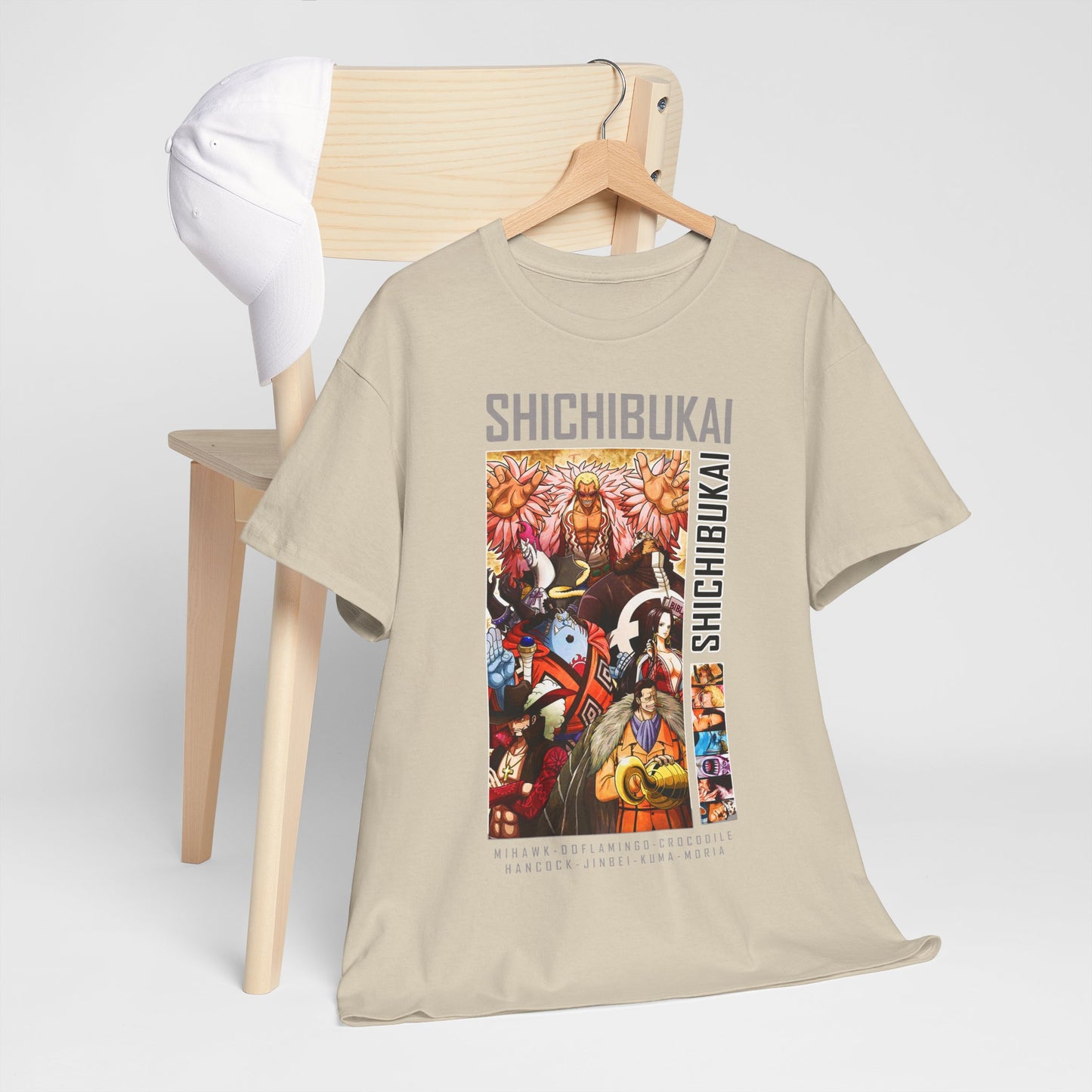 Charming One Piece Shichibukai T-shirt elegantly arranged on a chair alongside a stylish cap, emphasising its detailed design and comfort.