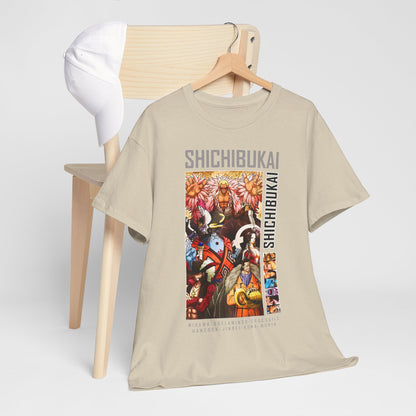 Charming One Piece Shichibukai T-shirt elegantly arranged on a chair alongside a stylish cap, emphasising its detailed design and comfort.