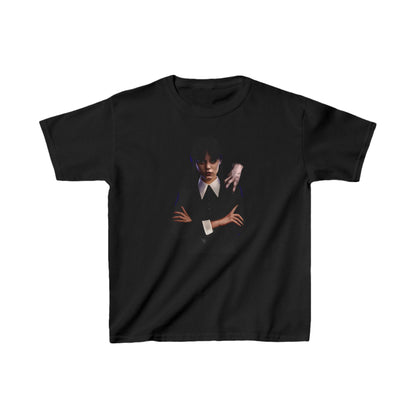 Childs Wednesday with Thing Unisex Graphic Tee Shirt Kids in black featuring a striking design of Wednesday Addams with her companion Thing.