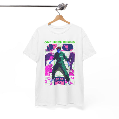 Stylishly presented white graphic t-shirt showcasing a captivating illustration from Squid Game, emblazoned with 'ONE MORE ROUND', ideal for discerning collectors.