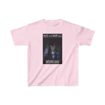 Stylish unisex graphic tee illustrating Wednesday with Thing, marked with 'Black is my happy color' on a fashionable pink shirt.