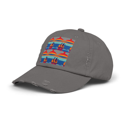Unisex Distressed Cap featuring a vibrant fantasy paddleboarding scene, perfect for adventurous water lovers, designed to elevate outdoor style.