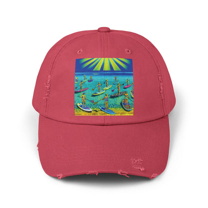 Unisex Distressed Paddleboarders Cap in pink with a lively paddleboarding design, ideal for stylish sun protection for water lovers.