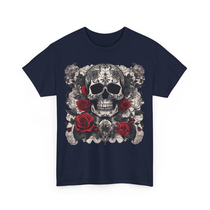 Skulls and Roses Cotton Tee, Unisex Graphic Shirt featuring an intricate skull and rose design on a navy background, perfect for alternative fashion lovers.