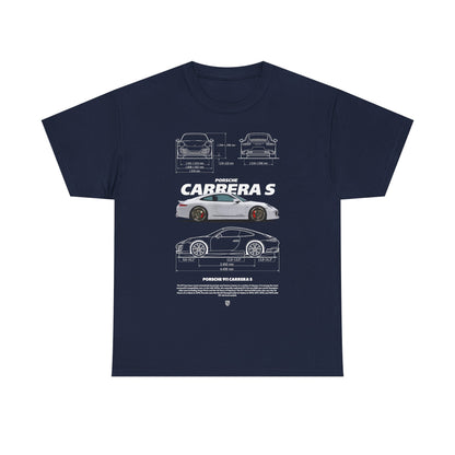 Sophisticated navy Porsche 911 Carrera S T-shirt, showcasing elegant car illustrations with comprehensive details. A must-have for those passionate about luxury automobiles.