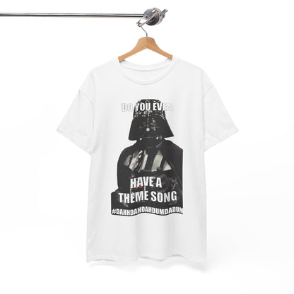 Darth Vader Star Wars Unisex Mens Graphic Cotton Funny T Shirt Tee Vintage displayed on a hanger, with prominent text "Do You Even Have a Theme Song?" appealing to Star Wars fans and meme lovers alike.
