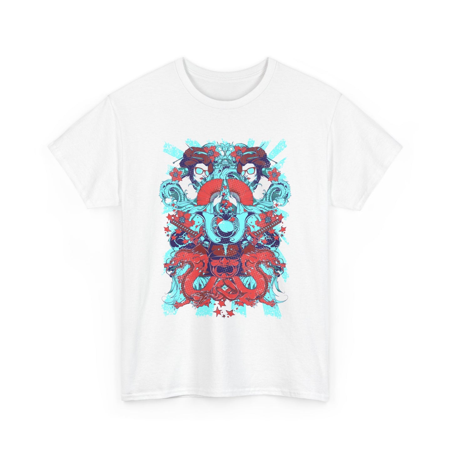 Sophisticated white men's t-shirt adorned with a vibrant graphic design of a samurai kabuto helmet, featuring detailed dragons and geisha elements, ideal for making a bold fashion statement.