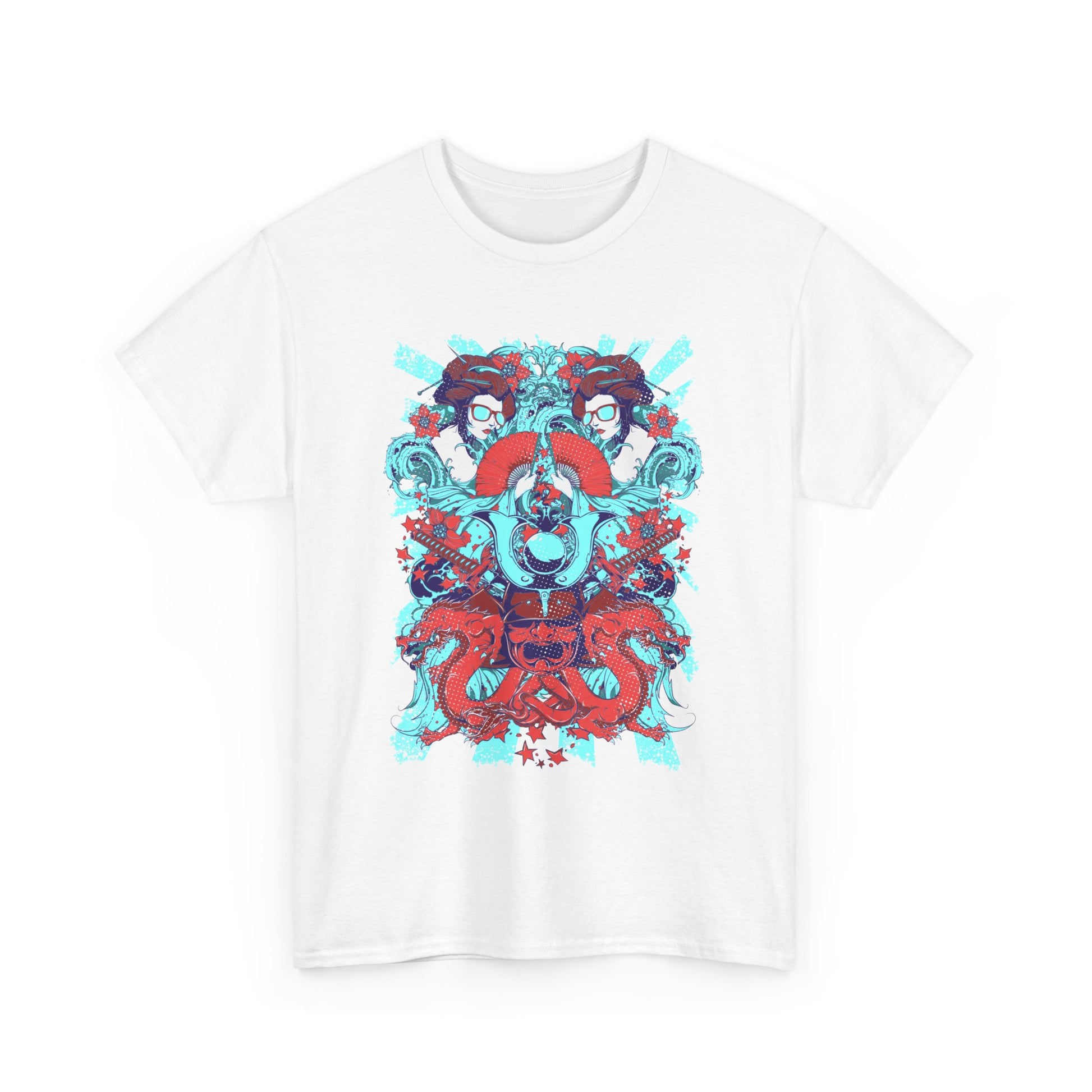 Sophisticated white men's t-shirt adorned with a vibrant graphic design of a samurai kabuto helmet, featuring detailed dragons and geisha elements, ideal for making a bold fashion statement.