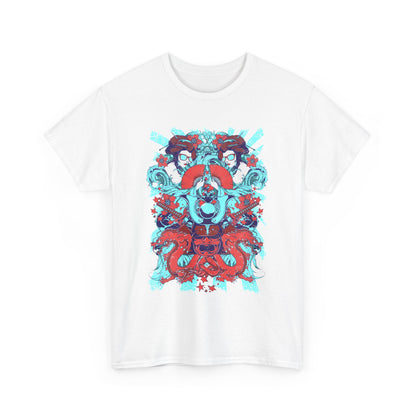 Sophisticated white men's t-shirt adorned with a vibrant graphic design of a samurai kabuto helmet, featuring detailed dragons and geisha elements, ideal for making a bold fashion statement.
