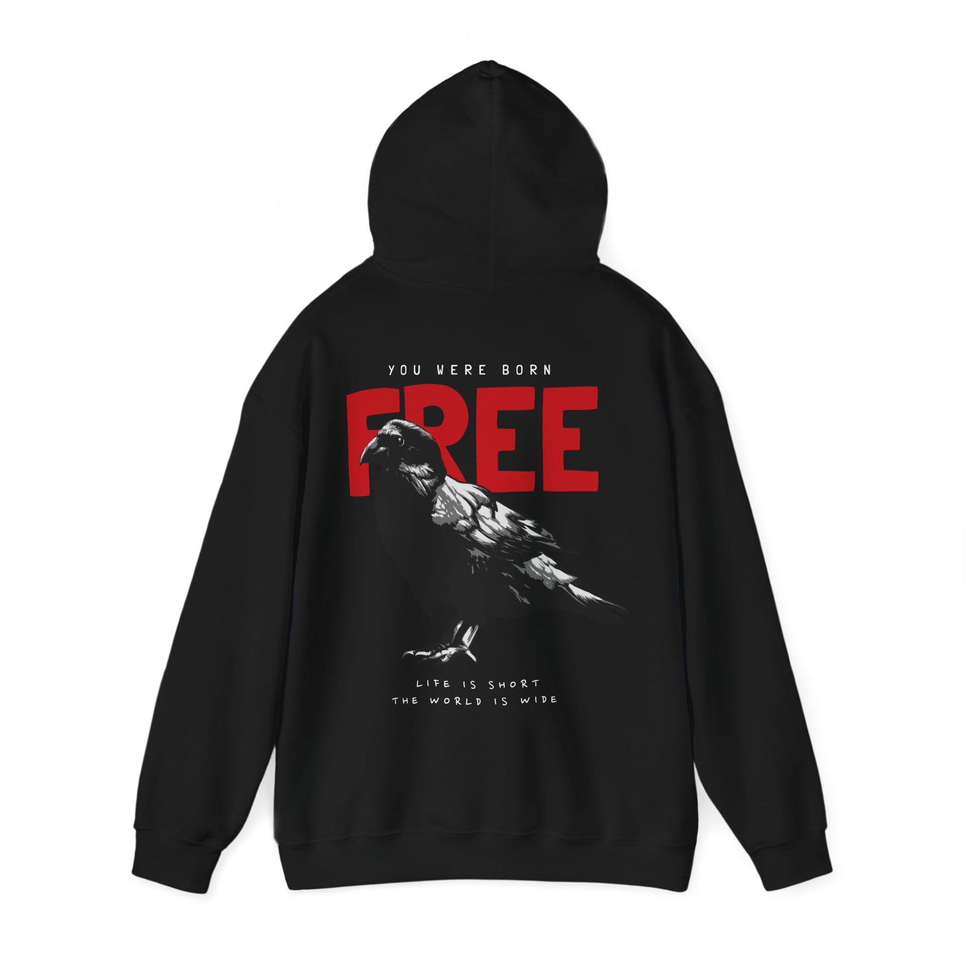 Stylish black hoodie featuring a captivating raven design and impactful messaging 'YOU WERE BORN FREE', perfect for making a bold fashion statement.