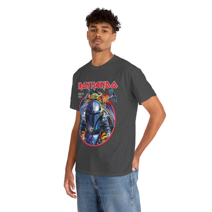Model showcasing the Iron Mando Graphic Tee in a modern setting, featuring striking Mandalorian imagery and bold typography, ideal for casual or themed outings, elevating your wardrobe with luxury.