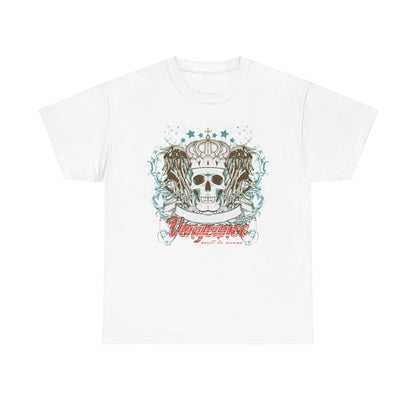 Luxurious white men's graphic tee featuring an intricate skull crowned with a majestic design, accented with bold text 'Vengeance will be mine', ideal for the bold and stylish.