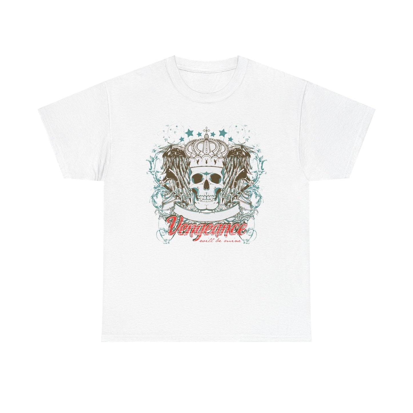 Luxurious white men's graphic tee featuring a regal skull crowned with intricate detailing, flanked by striking wing elements and bold text stating 'Vengeance will be mine'. Ideal for those embracing gothic elegance and contemporary style.