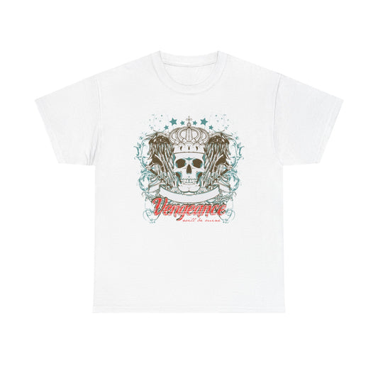 Luxurious white men's graphic tee featuring a regal skull crowned with intricate detailing, flanked by striking wing elements and bold text stating 'Vengeance will be mine'. Ideal for those embracing gothic elegance and contemporary style.