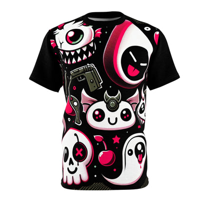Luxurious Ghastly Grumblegore Black Tee from Dazzling Dreams Studio featuring whimsical spookiness, with playful eerie cartoon characters like a grinning tree and eyeball cherries, accentuating a blend of horror and charm.