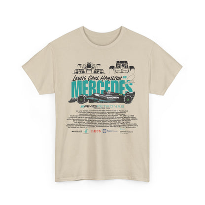 Luxury beige t-shirt featuring bold graphics of a Mercedes Formula 1 car and the text 'Lewis Carl Hamilton 44 MERCEDES AMG PETRONAS' celebrating racing heritage.